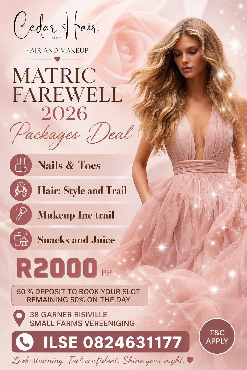 Matric Farewell 2026 hair, makeup and nails package by Cedar Hair & Makeup in Vereeniging
