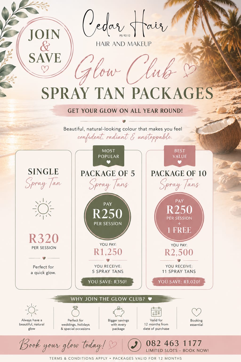 Cedar Hair & Makeup Glow Club spray tan packages in Vereeniging