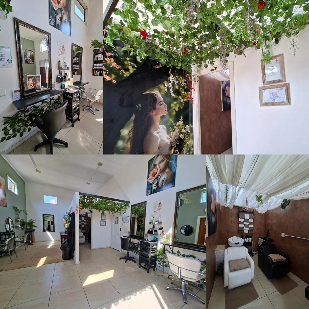 Collage of the Cedar Hair & Makeup salon interior at The Zen Den Wellness Centre in Risiville, Vereeniging, showing styling stations, mirrors, greenery and the shampoo area
